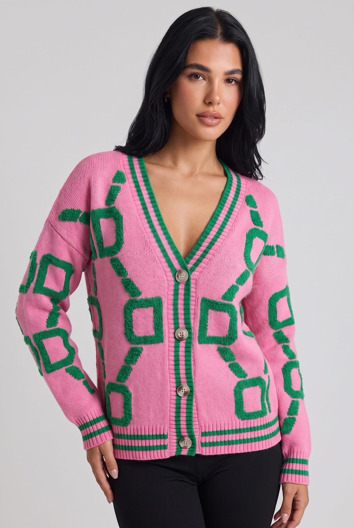 NOLA model wearing V-neck cardigan