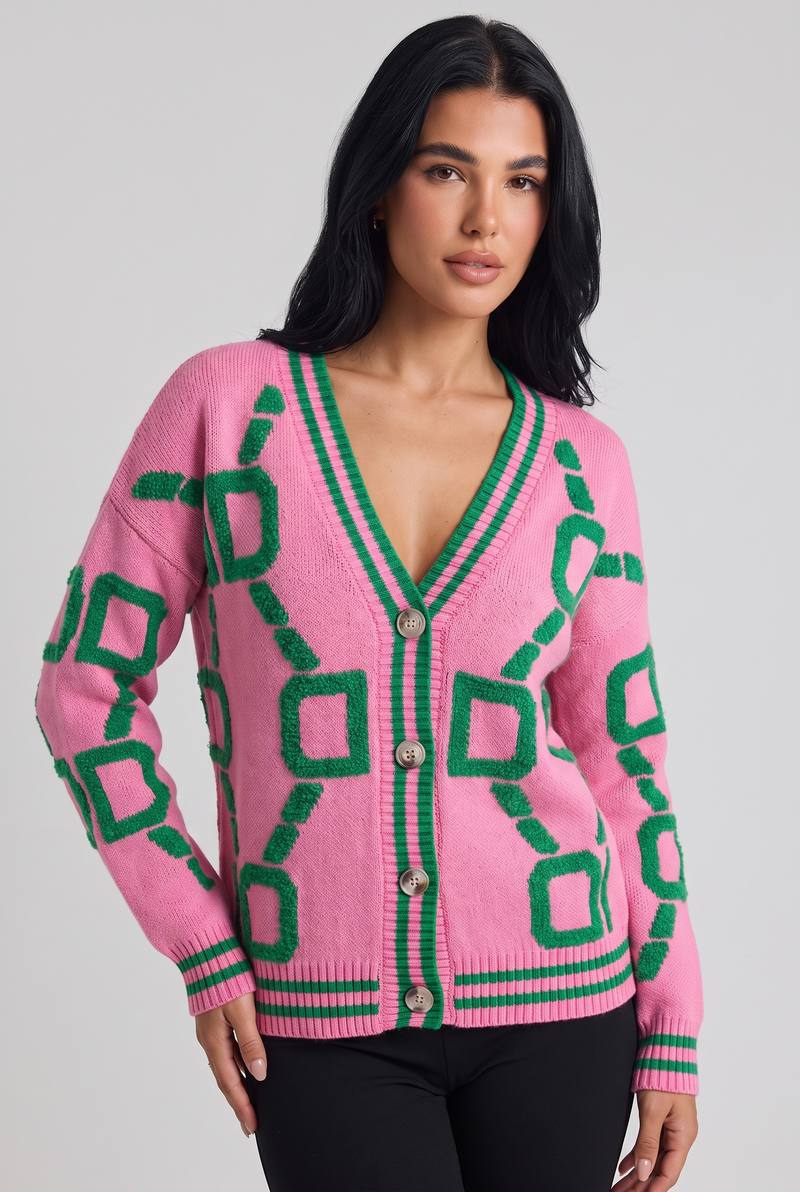 NOLA model wearing V-neck cardigan