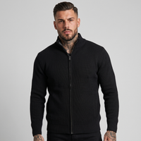 NOLA model wearing full zip ribbed knit stand collar jacket