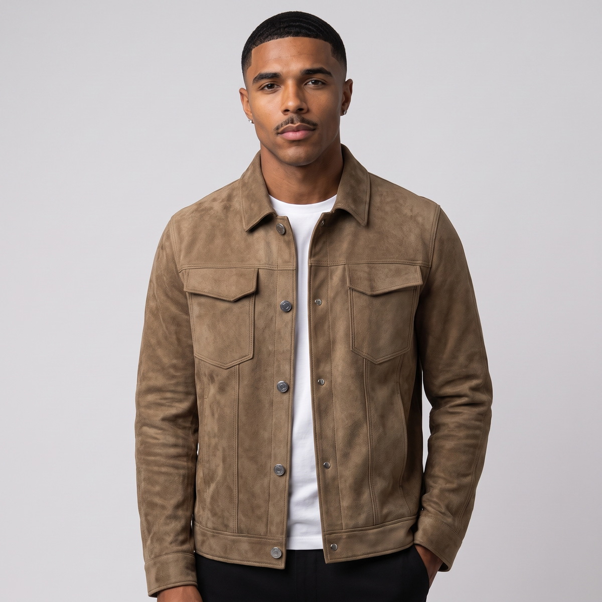 NOLA model wearing panelled button-down jacket
