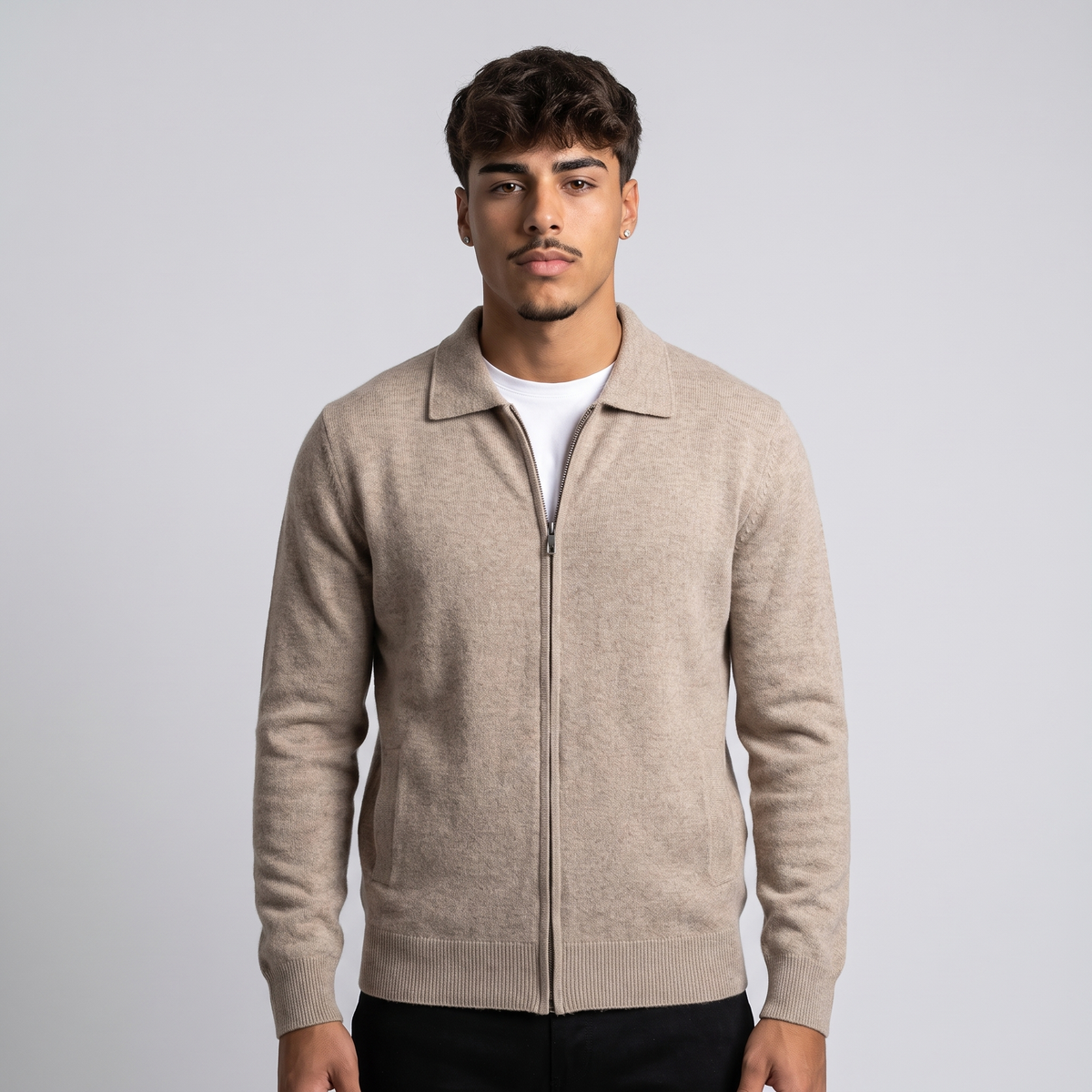 NOLA model wearing full zip collared knit jacket