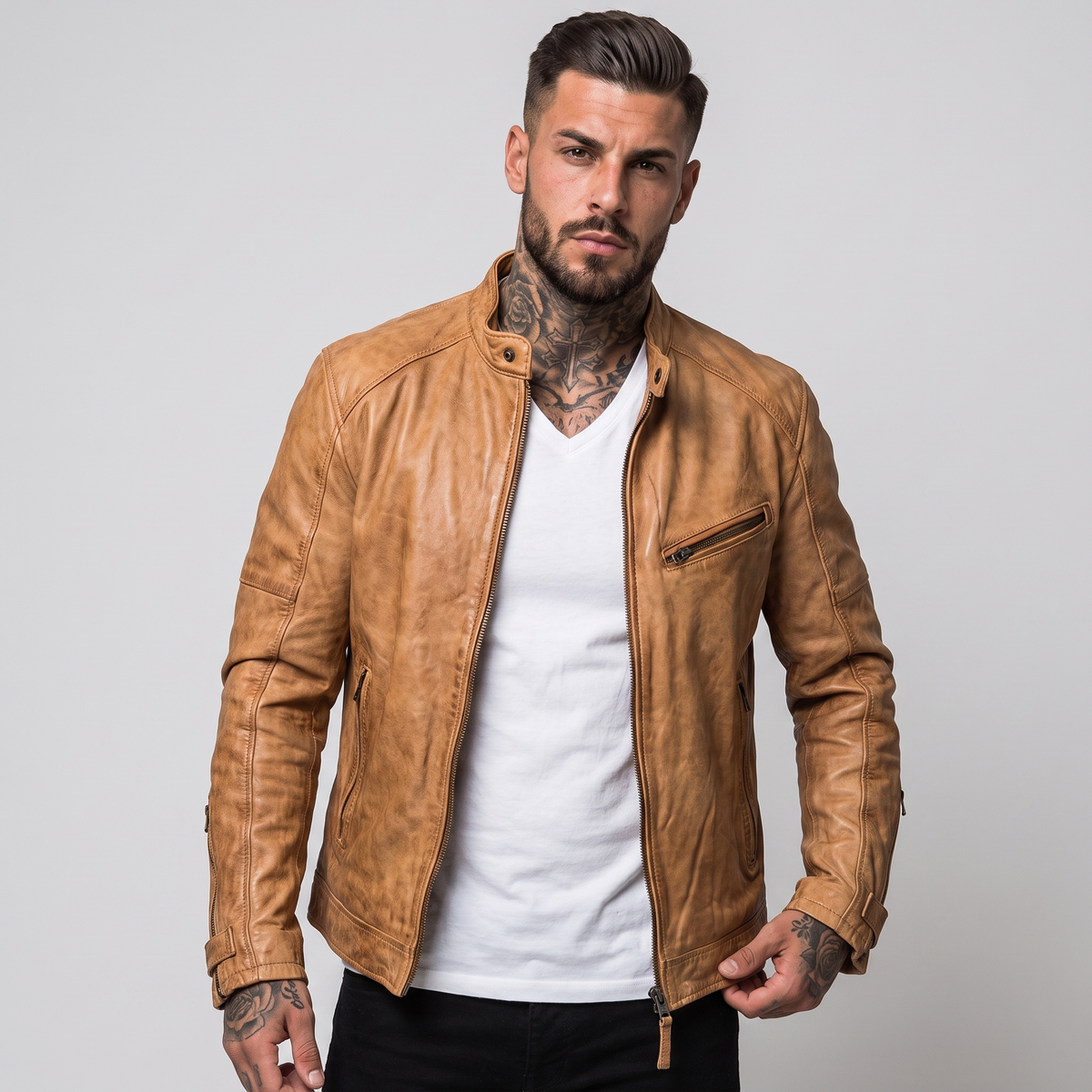NOLA model wearing slim fit racer jacket