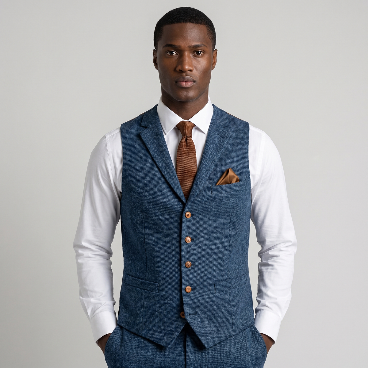 NOLA model wearing blue tweed V-neck waistcoat