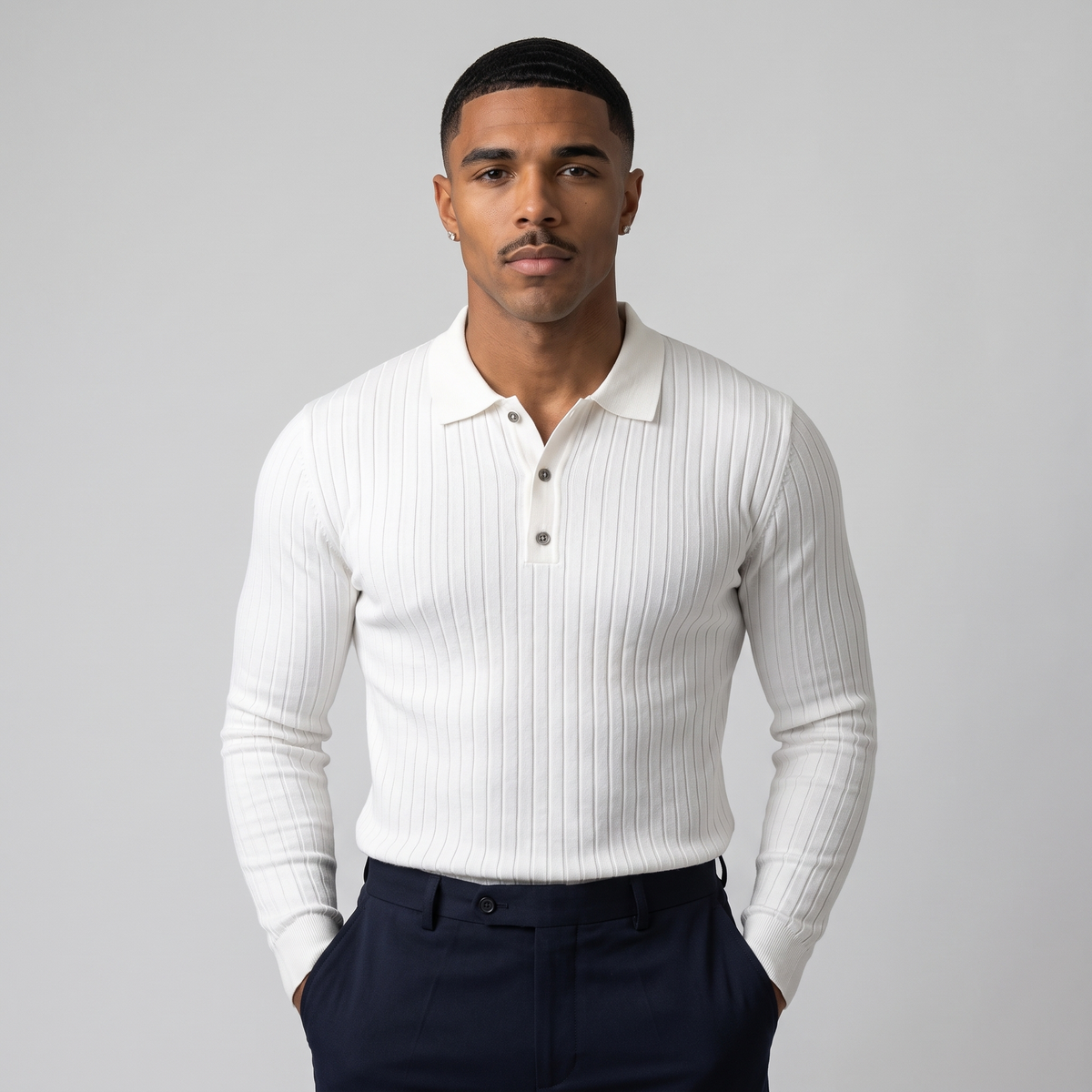 NOLA model wearing slim fit long sleeve polo shirt