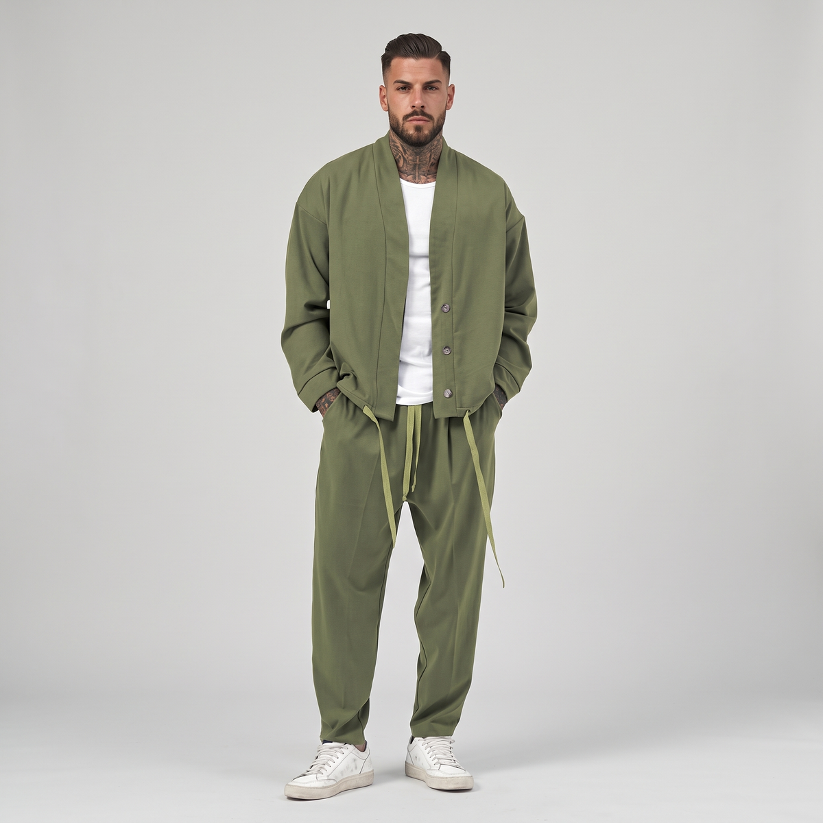 NOLA model wearing relaxed fit kimono jacket and trousers set