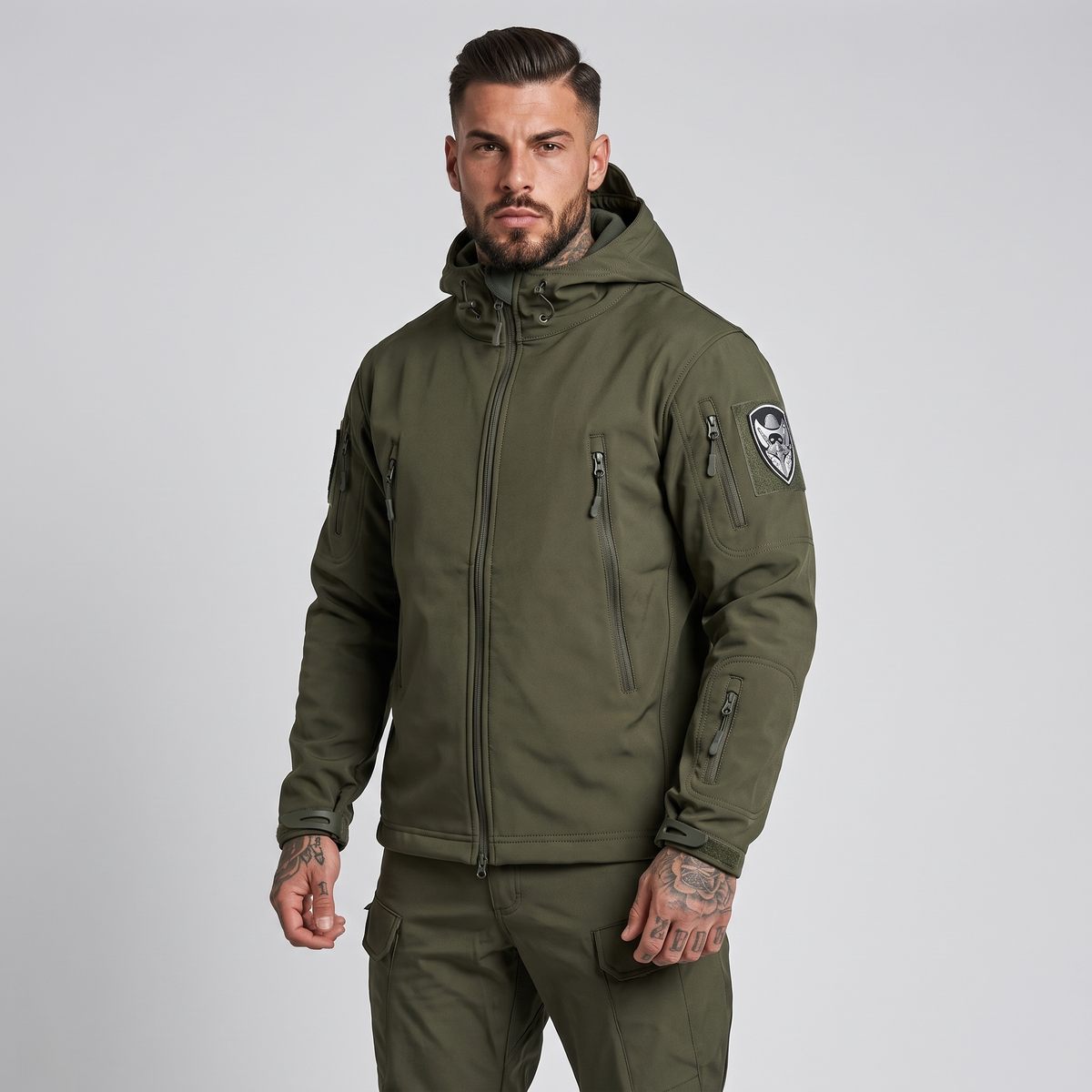NOLA model wearing hooded tactical set