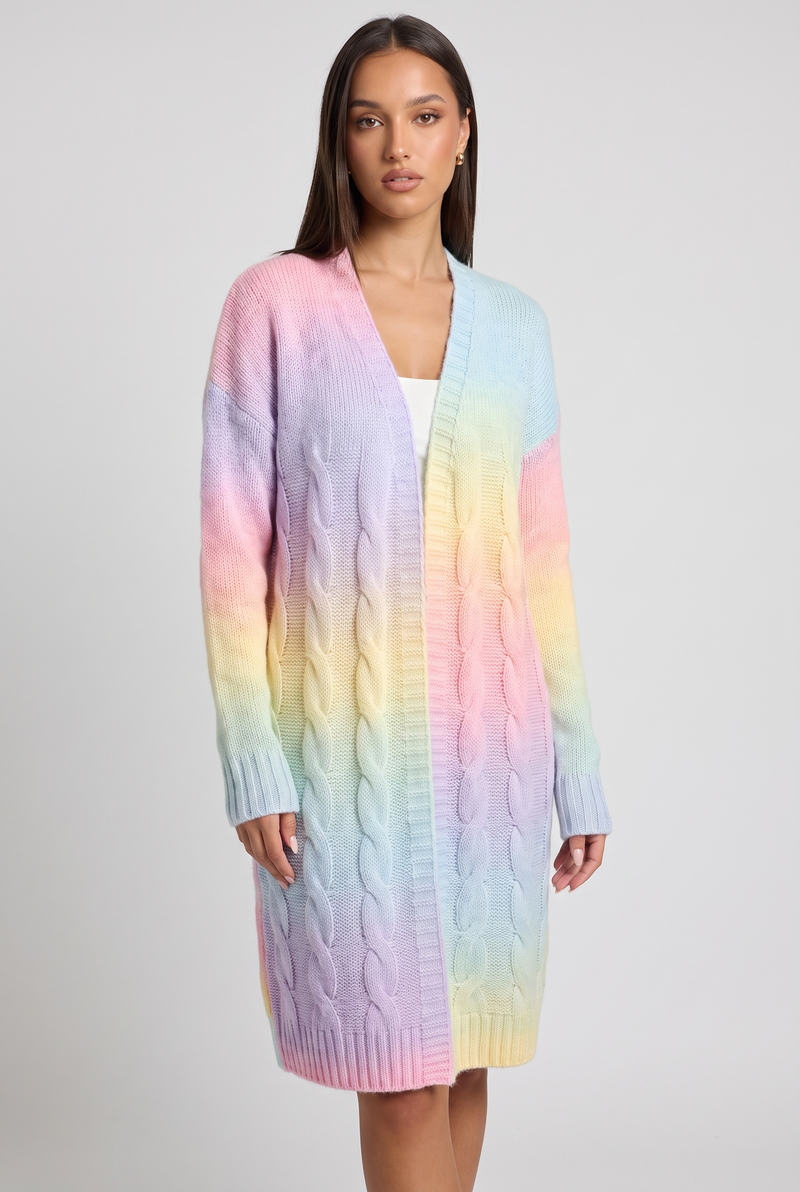 NOLA model wearing long cable knit cardigan