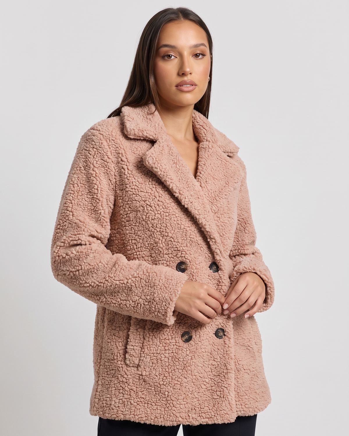 NOLA model wearing teddy double-breasted coat