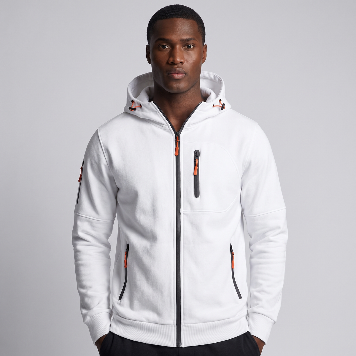 NOLA model wearing cotton zip-up hoodie