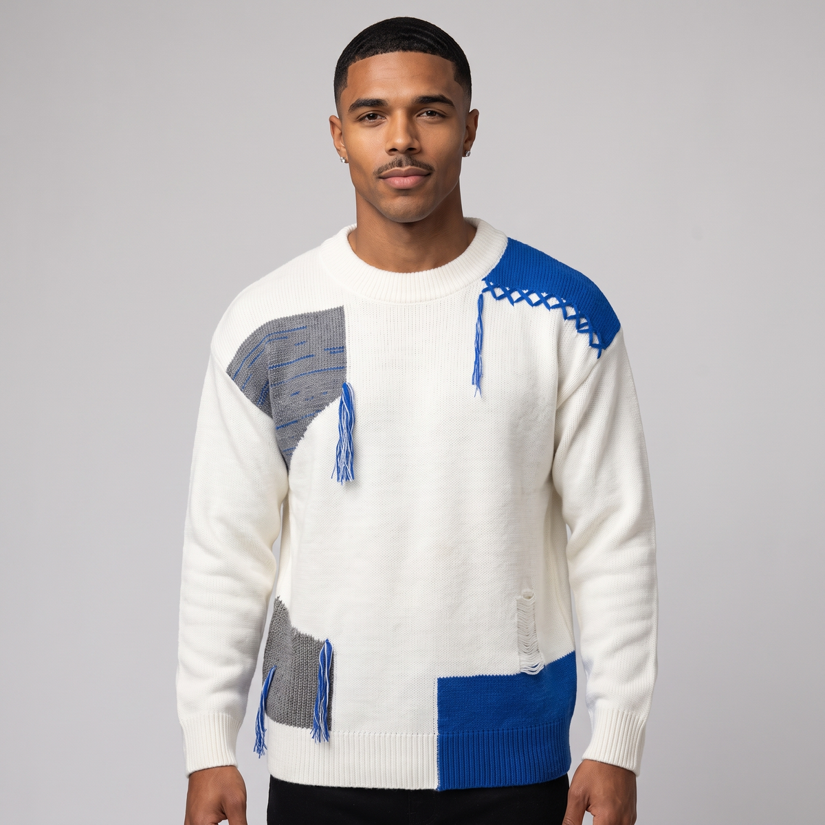 NOLA model wearing patchwork knit crewneck jumper