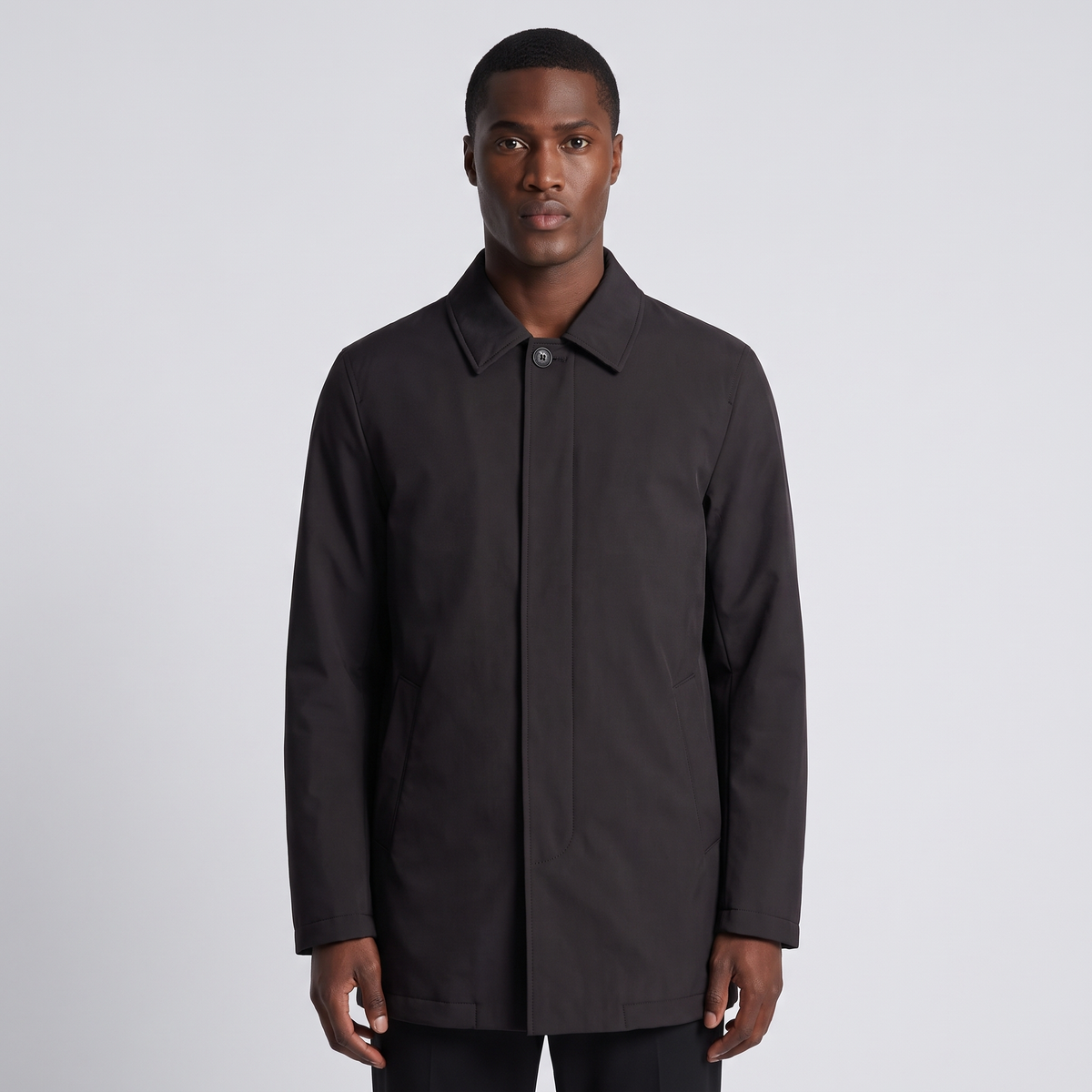 NOLA model wearing mid-length button-down jacket