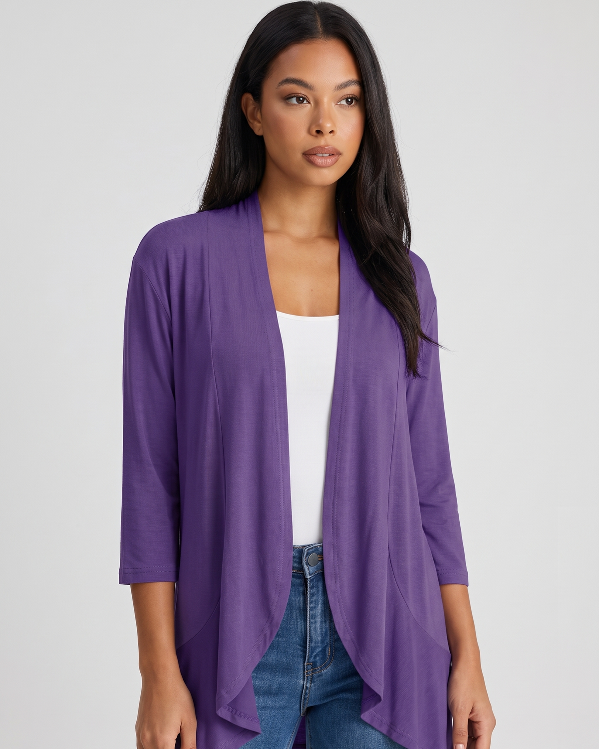 NOLA model wearing open front draped cardigan