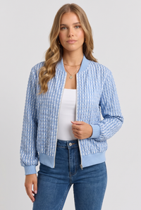 NOLA model wearing light blue zip-up casual bomber jacket