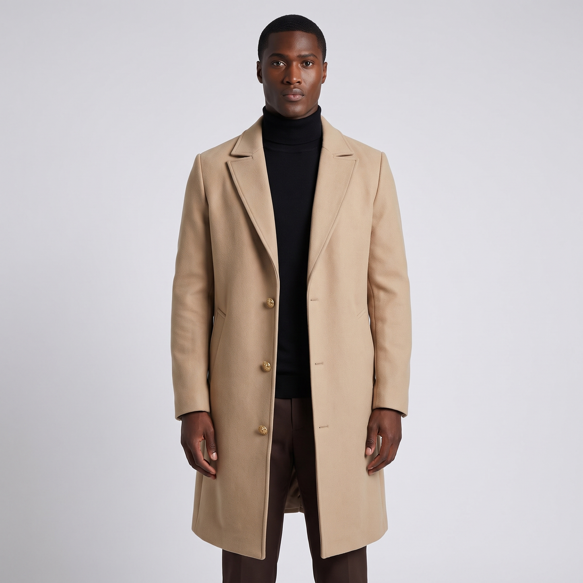 NOLA model wearing brown wool-blend long coat notched lapel