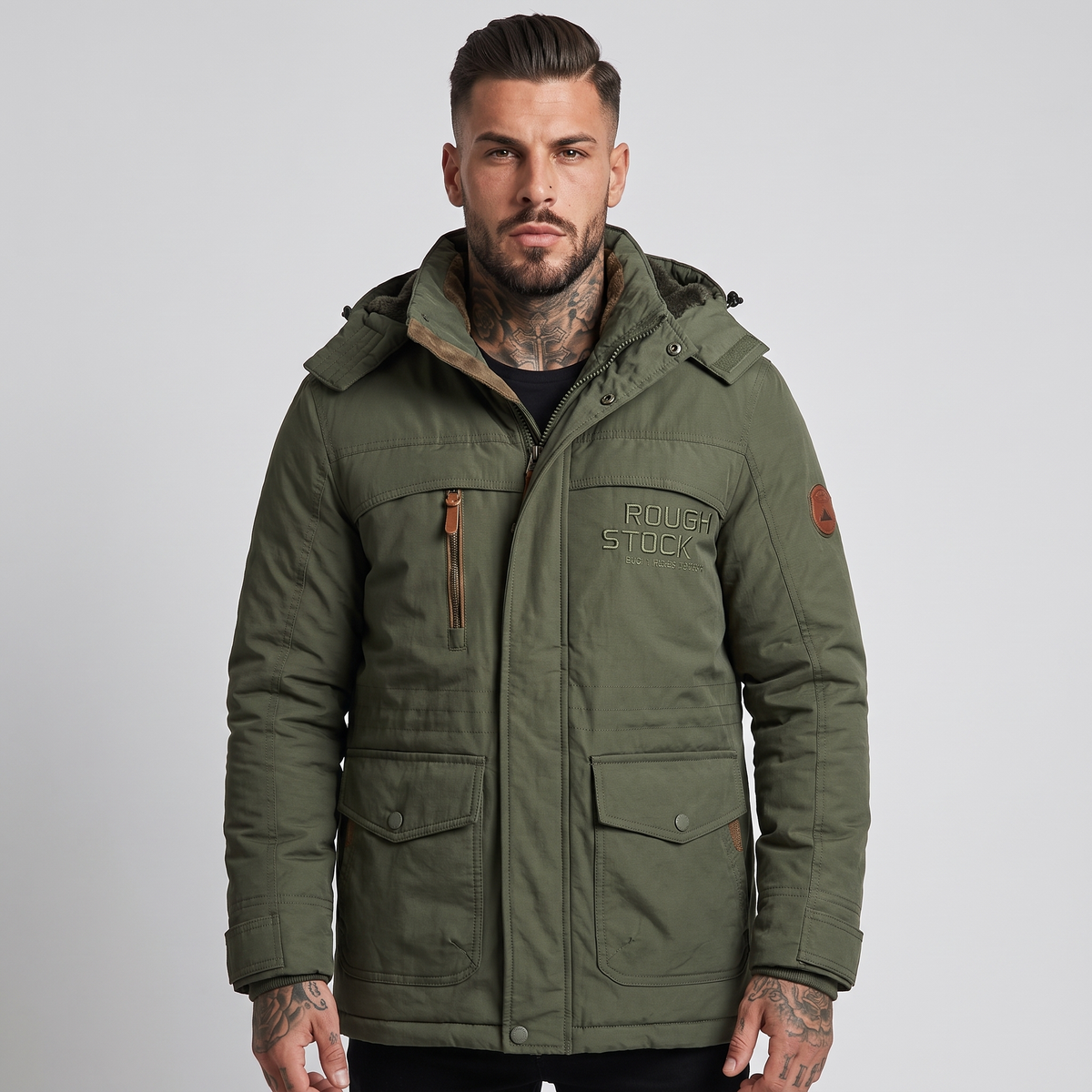 NOLA model wearing waterproof parka jacket olive green