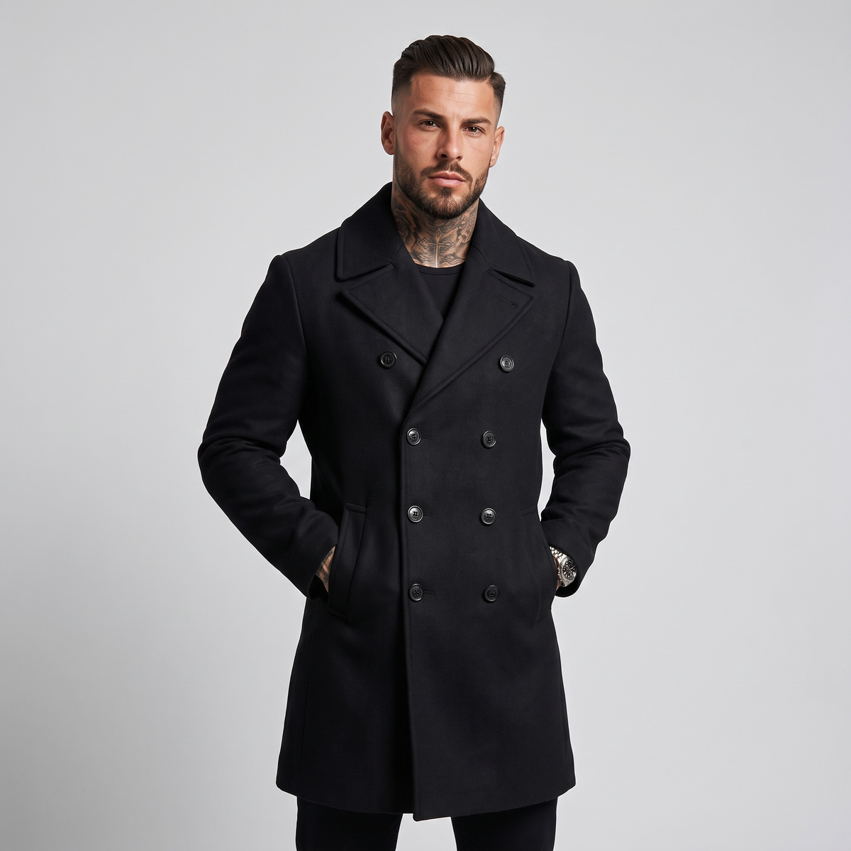 NOLA model wearing double breasted wool pea coat black and khaki