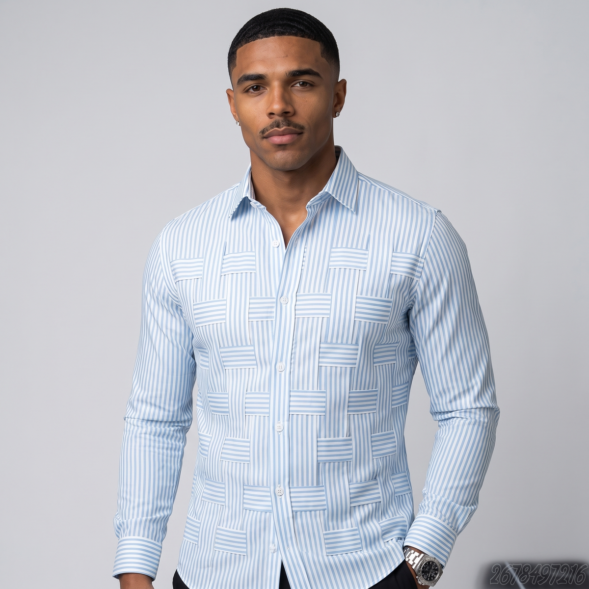 NOLA model wearing smart casual striped button up shirt