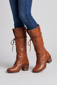 NOLA model wearing orthopedic lace-up leather boots
