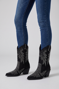 NOLA model wearing embellished mid-calf pointed toe boots black
