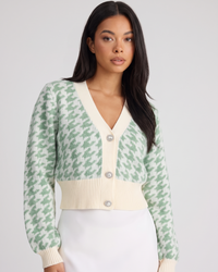 NOLA model wearing cropped V-neck cardigan green