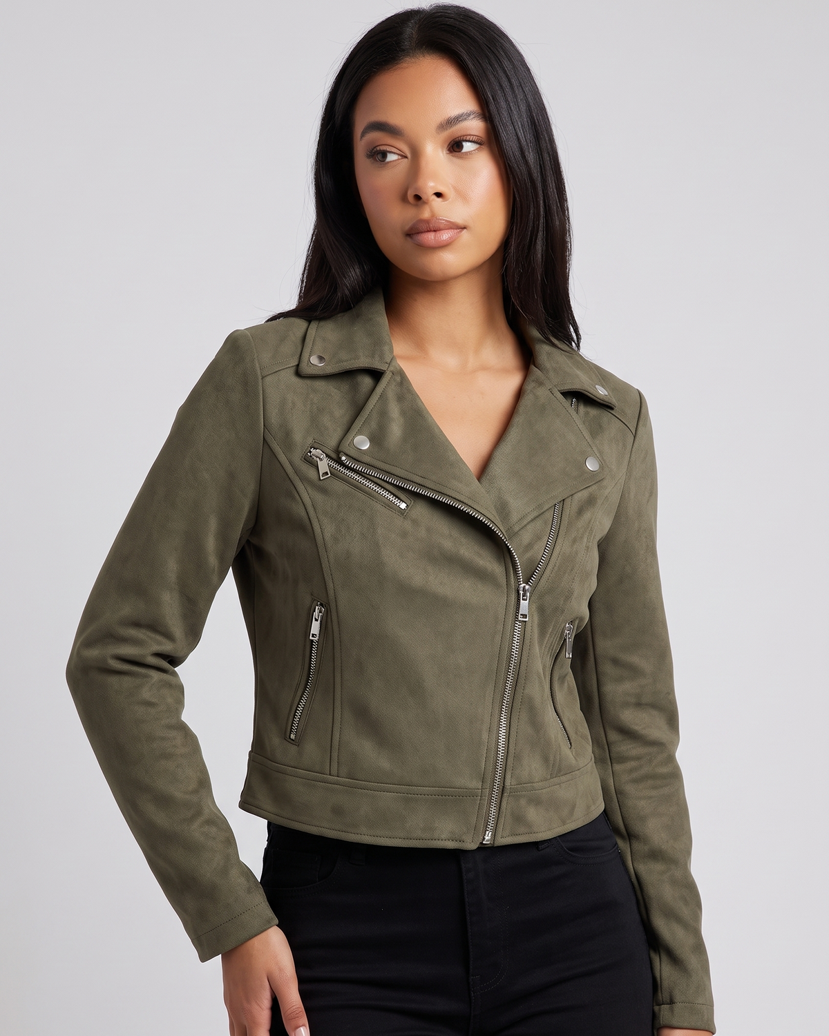 NOLA model wearing cropped biker jacket khaki