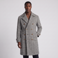 NOLA model wearing herringbone double breasted wool coat grey