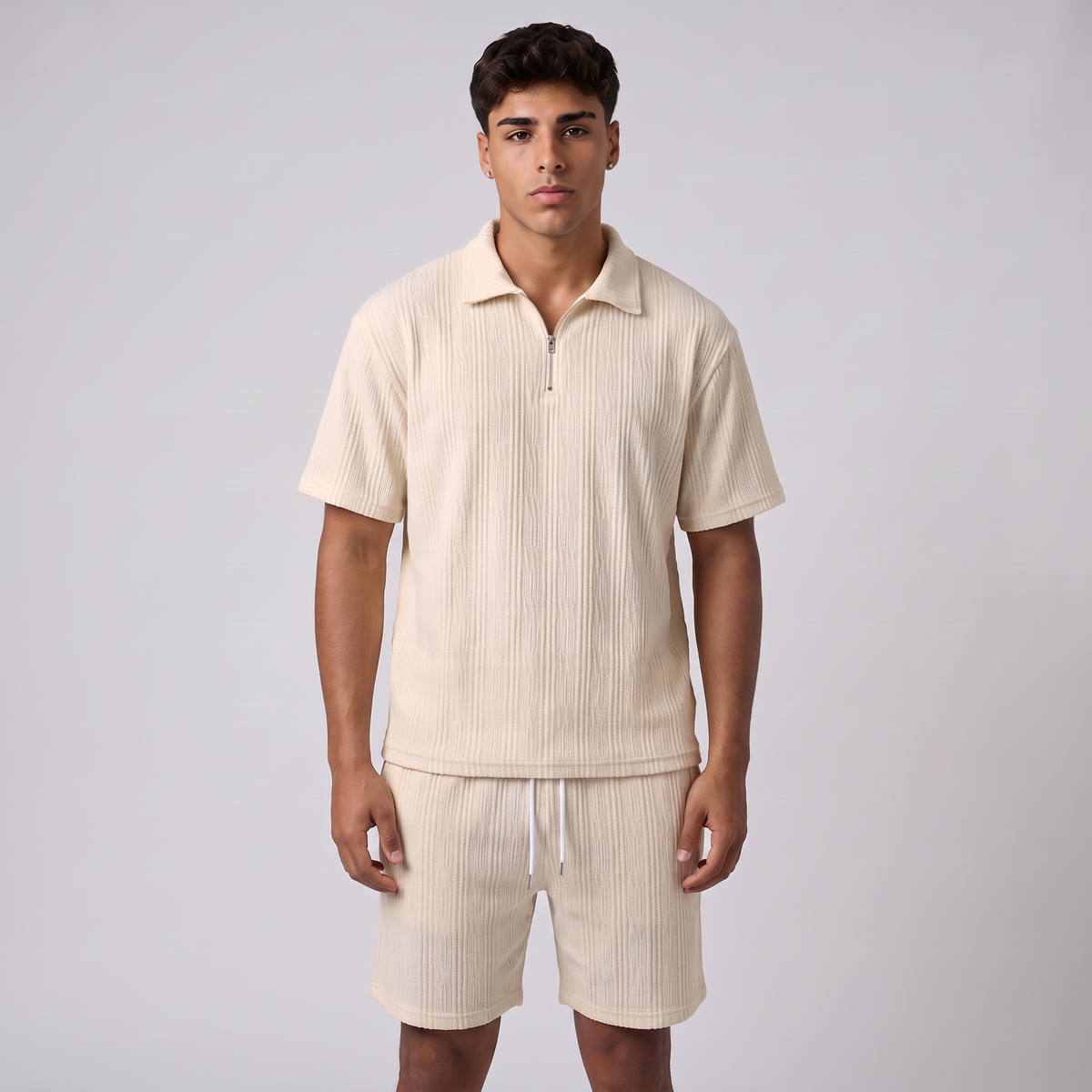 NOLA model wearing ribbed knit quarter zip polo and shorts set