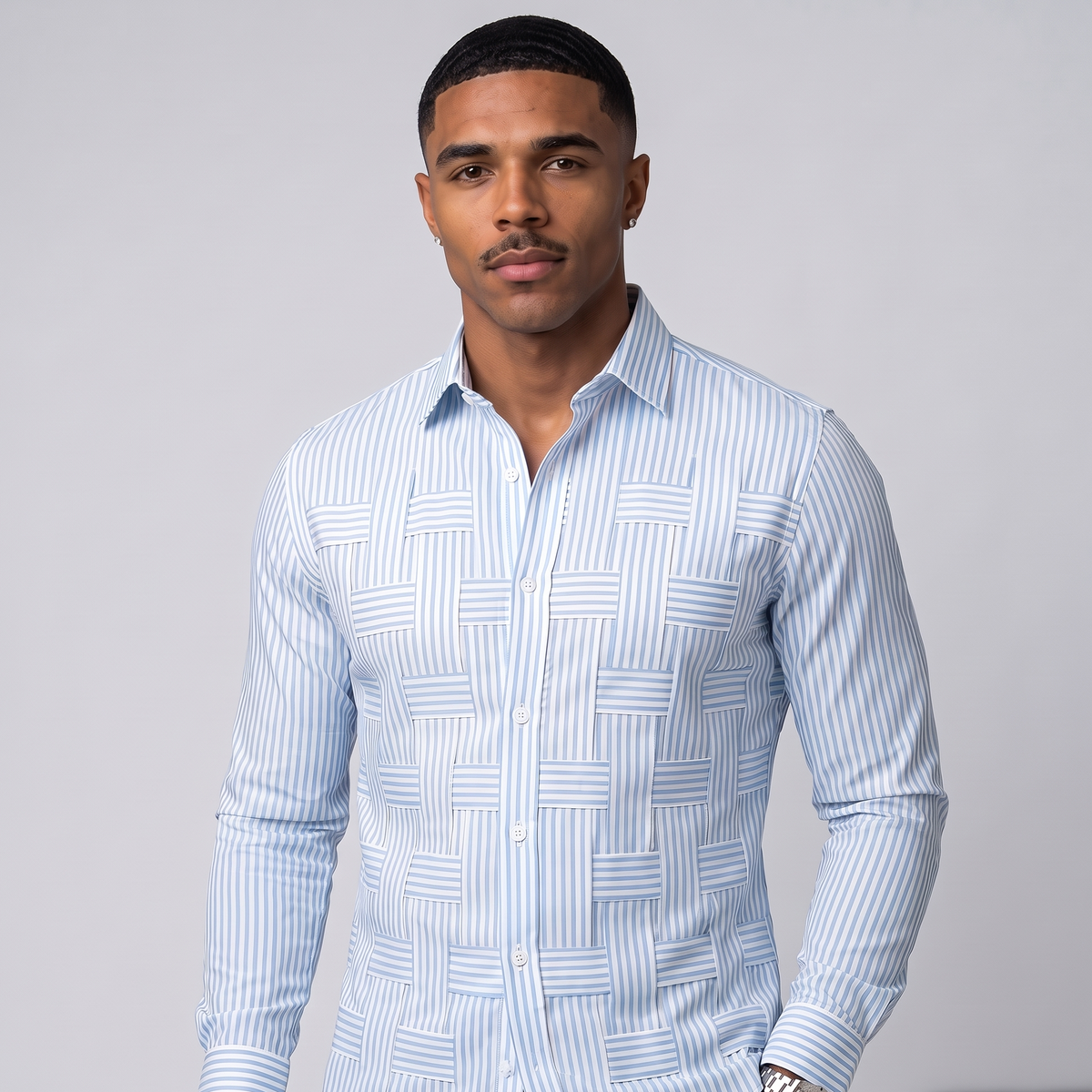 NOLA model wearing smart casual striped button up shirt