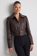 Laurelle | Women's Brown Cropped Zip Up Jacket Puff Sleeve