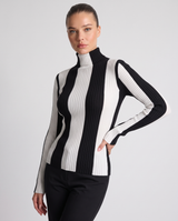Ilaria | Women's Fitted Vertical Striped Jumper in Black and Khaki