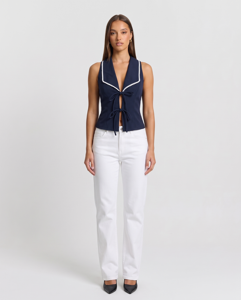Brianna navy ric-rac trim tie-front waistcoat top