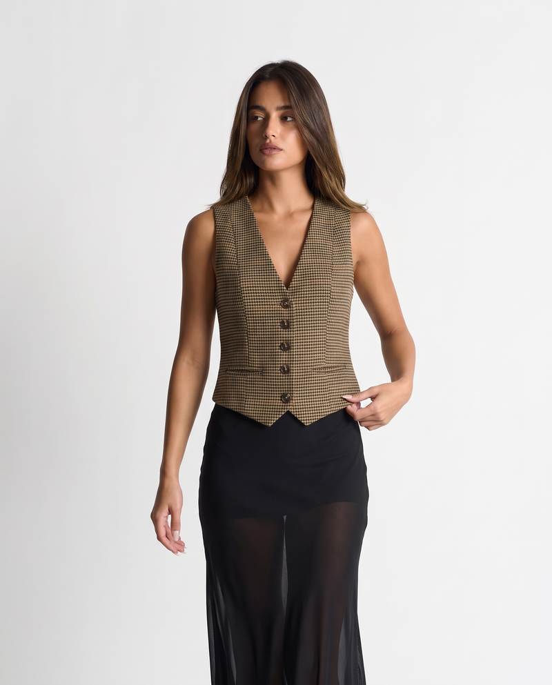Julia check waistcoat in brown, full-length on model