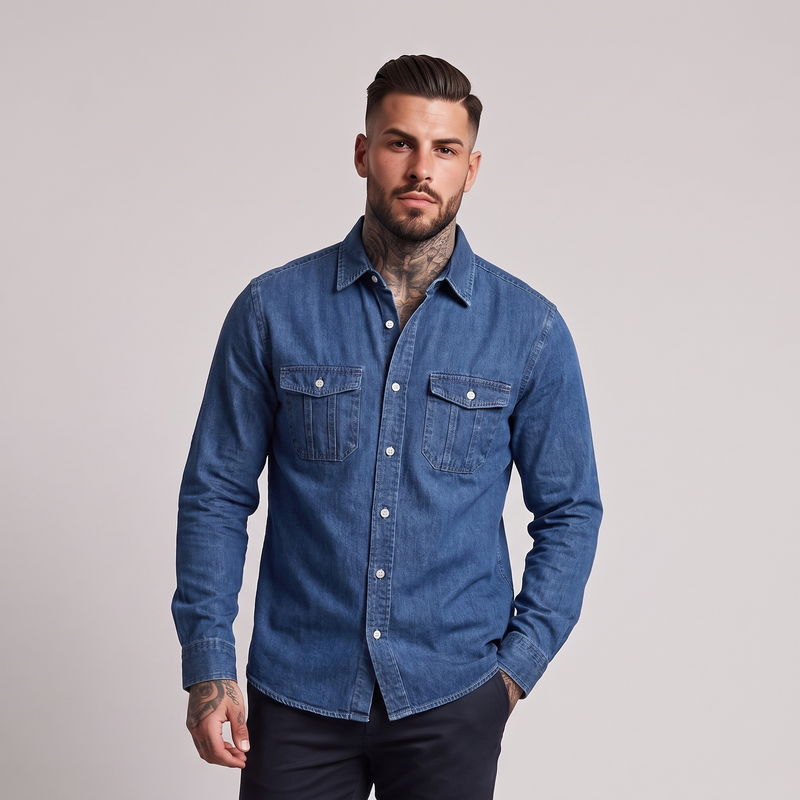 Tennyson denim shirt in Dark Blue on model