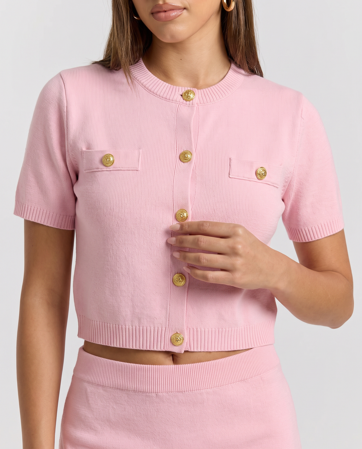 Gracie Gold Button Knit Co-ord Set - Pink - close-up