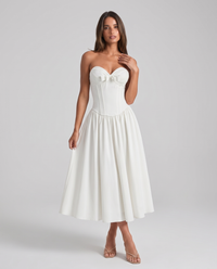 Zoe Strapless Corset Bow Midi Dress - White - front