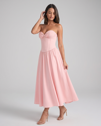 Zoe Strapless Corset Bow Midi Dress - Pink - front