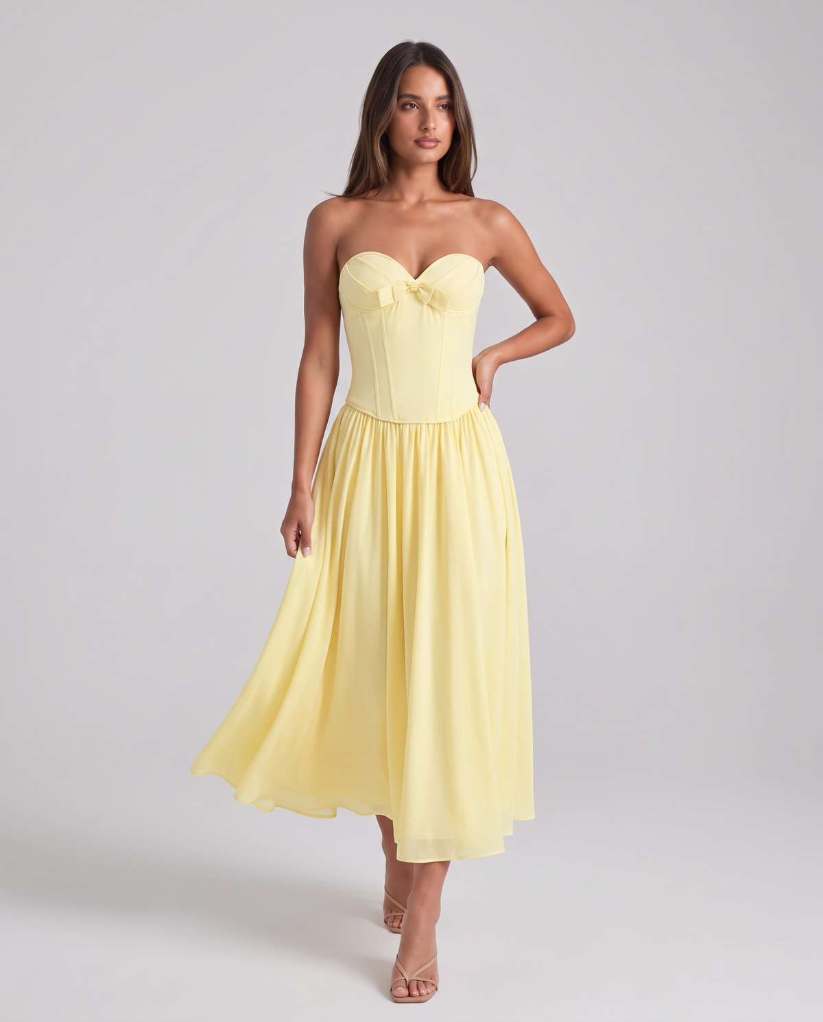 Zoe Strapless Corset Bow Midi Dress - Yellow - front