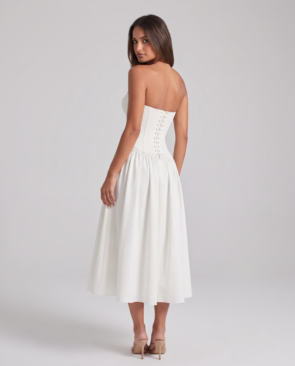 Zoe Strapless Corset Bow Midi Dress - White - back