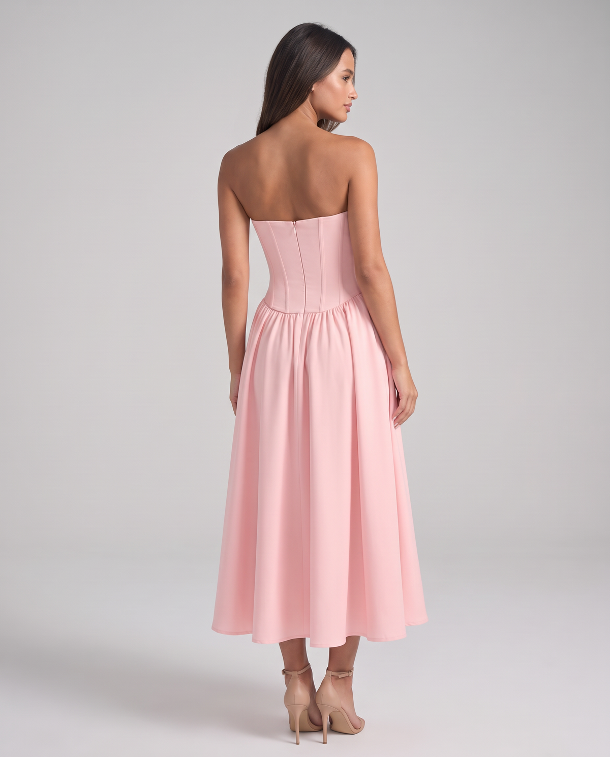 Zoe Strapless Corset Bow Midi Dress - Pink - back