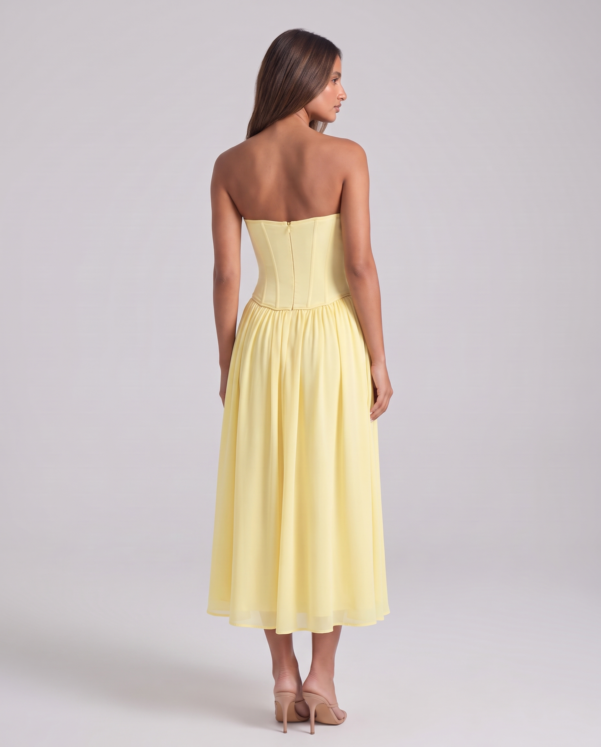 Zoe Strapless Corset Bow Midi Dress - Yellow - back