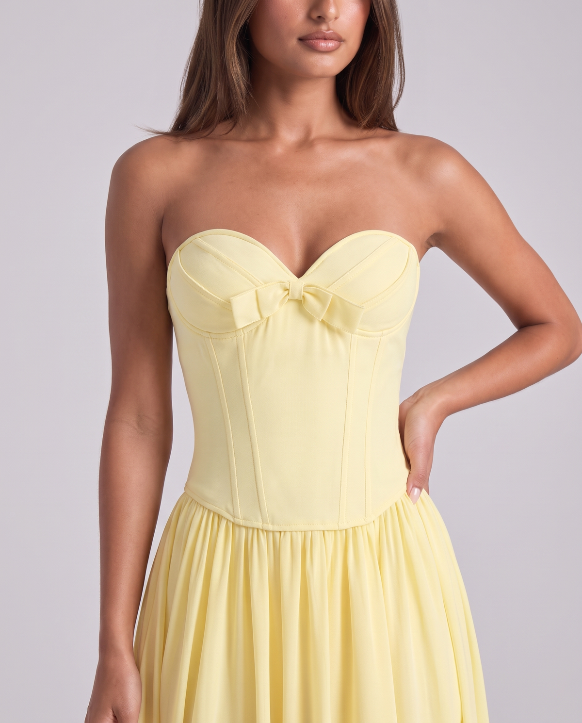 Zoe Strapless Corset Bow Midi Dress - Yellow - close-up