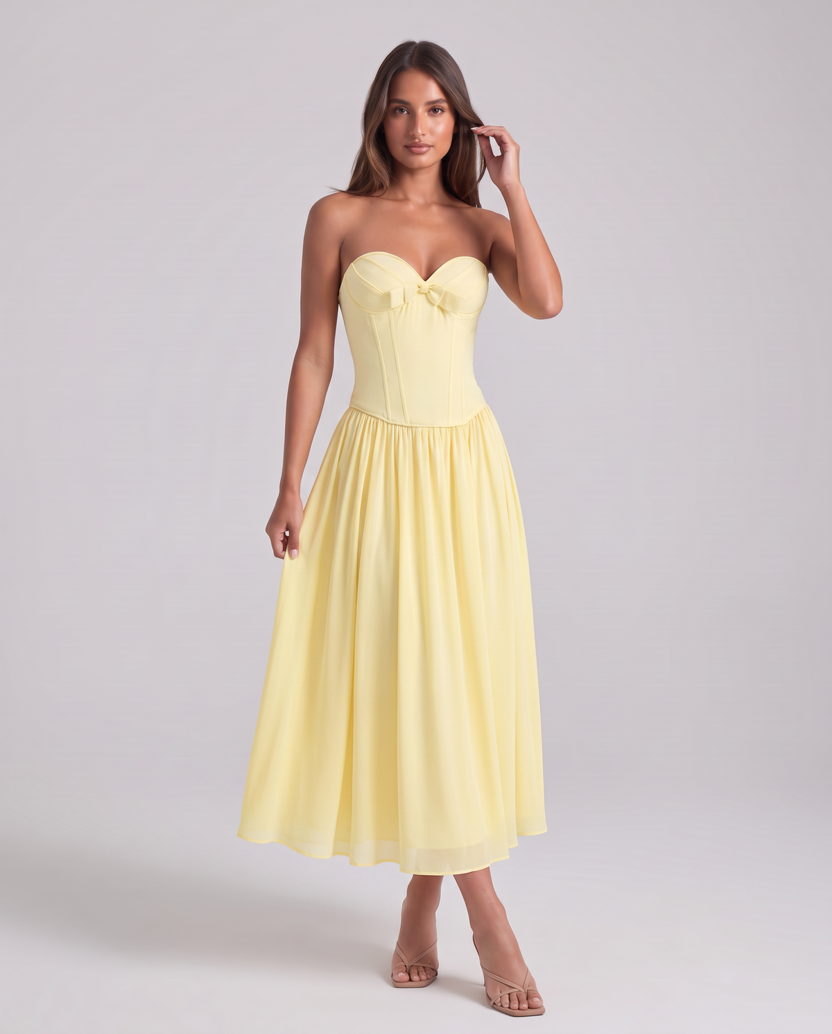 Zoe Strapless Corset Bow Midi Dress - Yellow - pose