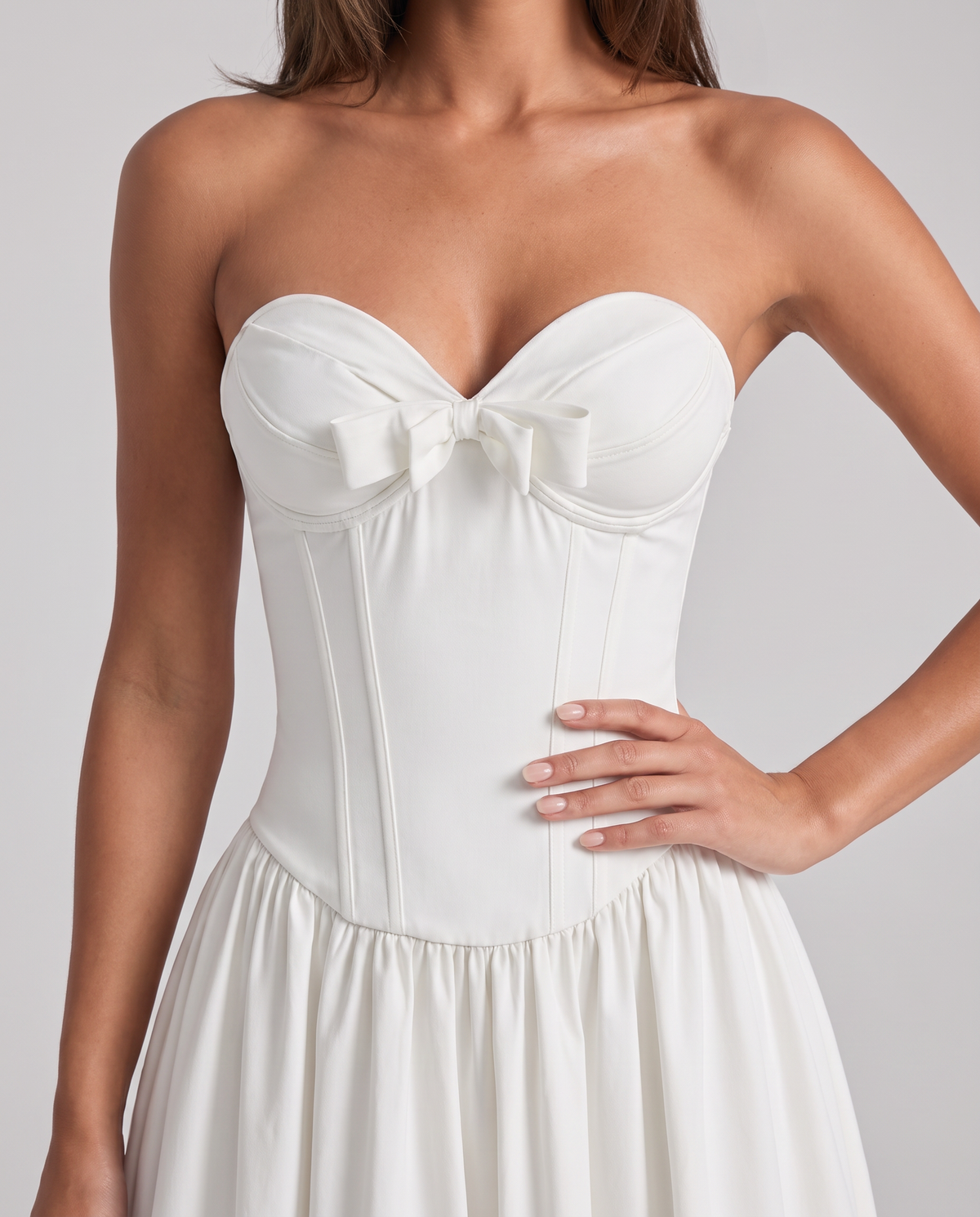 Zoe Strapless Corset Bow Midi Dress - White - close-up