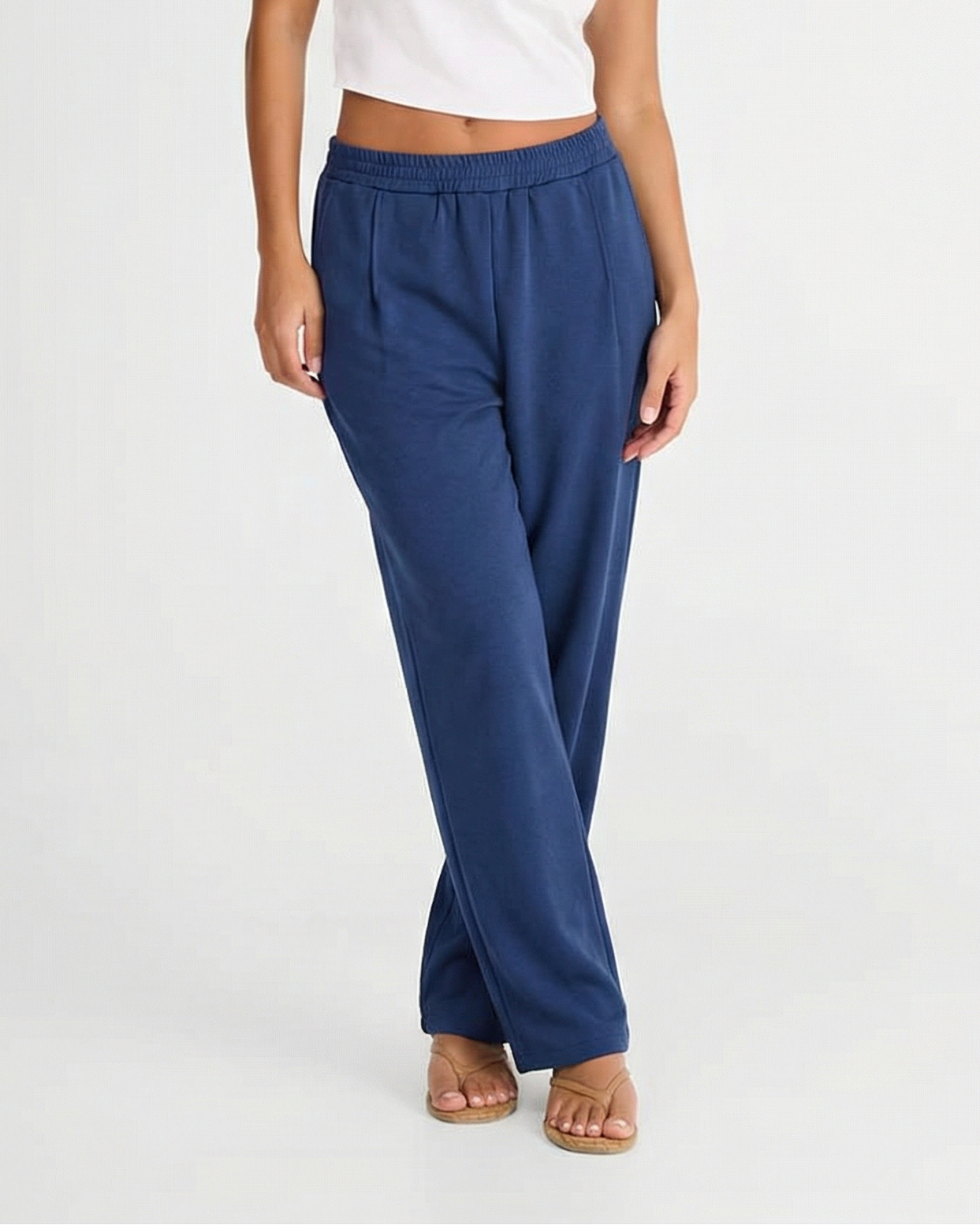Faye | Elasticated Waist Stitched Pleat Wide-Leg Jersey Trousers in Blue, Brown and Khaki
