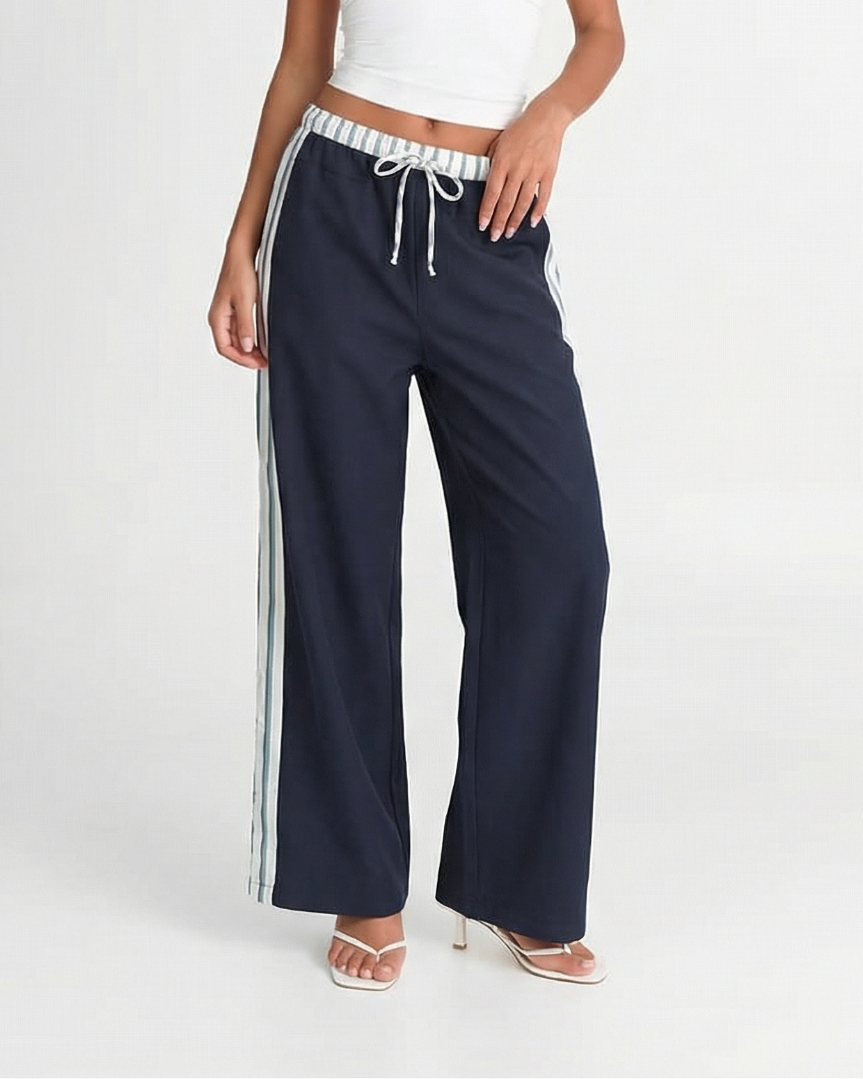 Eliana | Striped Waistband Drawstring Vertical Stripe Wide-Leg Trousers in Navy
