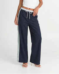 Eliana | Striped Waistband Drawstring Vertical Stripe Wide-Leg Trousers in Navy