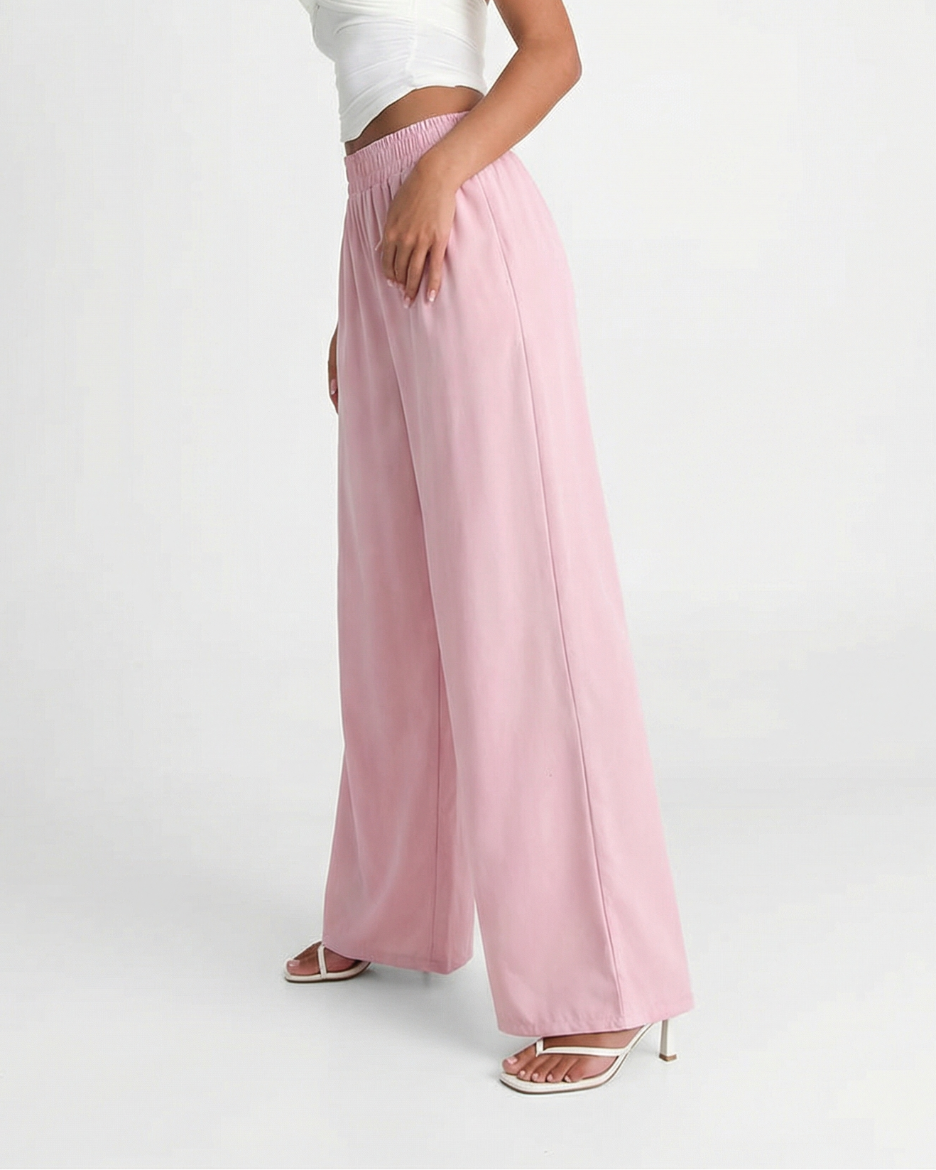 Esther | Elasticated Waist Side Pocket Wide-Leg Jersey Trousers in Pink and Yellow