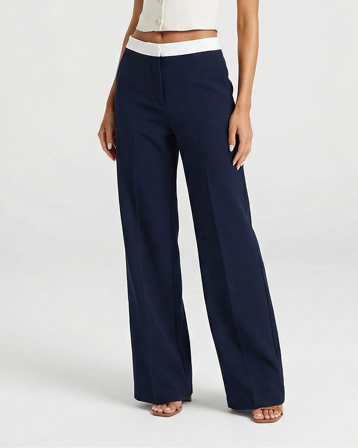 Poppy | Contrast Waistband High-Rise Front Crease Wide-Leg Trousers in Navy