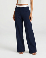 Poppy | Contrast Waistband High-Rise Front Crease Wide-Leg Trousers in Navy