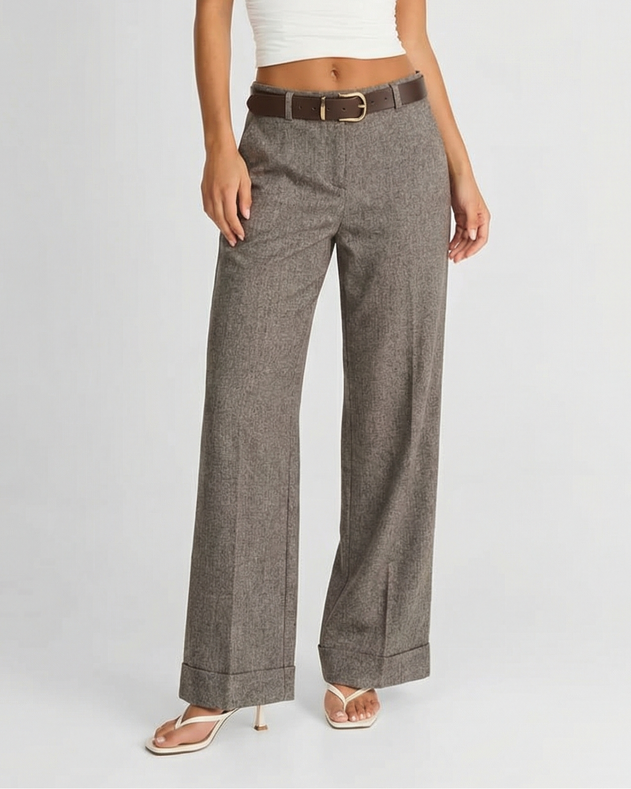 Sophia | Cuffed Hem Flat-Front Wide-Leg Tailored Trousers in Grey